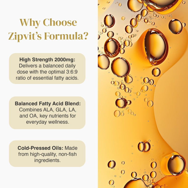 Why Choose Zipvit's Formula infographic with high strength 2000mg balanced fatty acids and cold pressed oils beside the Omega bottle.