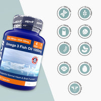 Omega 3 Fish Oil 1000mg bottle with EPA 180mg DHA 120mg and allergen free icons