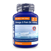 Omega 3 Fish Oil 1000 mg bottle with EPA 180 mg DHA 120 mg, iceberg artwork, and Friend of the Sea logo