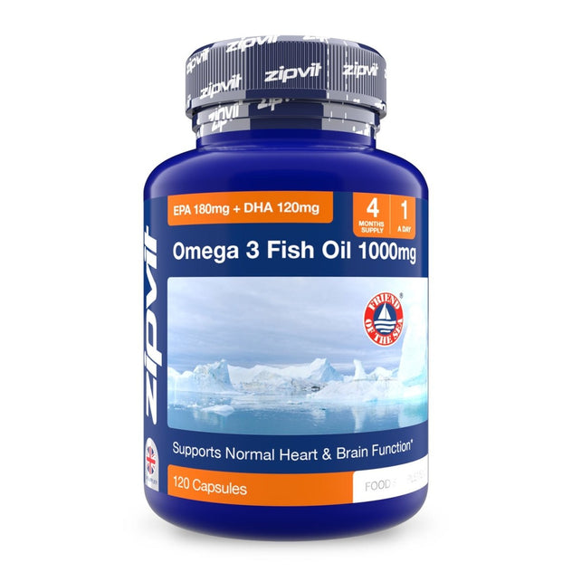 Omega 3 Fish Oil 1000 mg bottle with EPA 180 mg DHA 120 mg, iceberg artwork, and Friend of the Sea logo