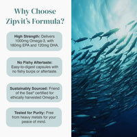 Benefits panel for Zipvit Omega 3 showing heart vision and brain health icons with a sea themed layout