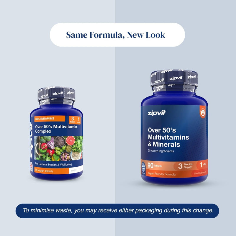 Two blue supplement bottles of zipvit 'Over 50's Multivitamins & Minerals' shown side by side on a light gray background with promotional text banners above and below.