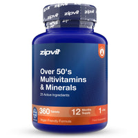 A blue plastic bottle of zipvit Over 50's Multivitamins & Minerals, 90 tablets, on a white background.