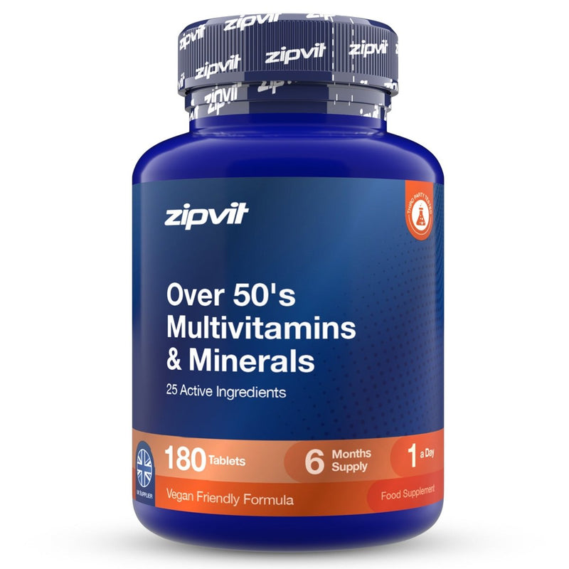 A blue plastic bottle of zipvit Over 50's Multivitamins & Minerals, 180 tablets, on a white background.