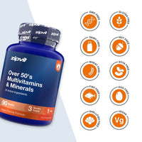 A blue bottle of zipvit Over 50's Multivitamins & Minerals shown on a white background with a diagonal light blue stripe, alongside a column of orange circular icons indicating dietary certifications such as GMO Free, Gluten Free, Dairy Free, Nut Free, Wheat Free, Soya Free, Fish Free, Egg Free, Shell & Fish Free, and Vegan.