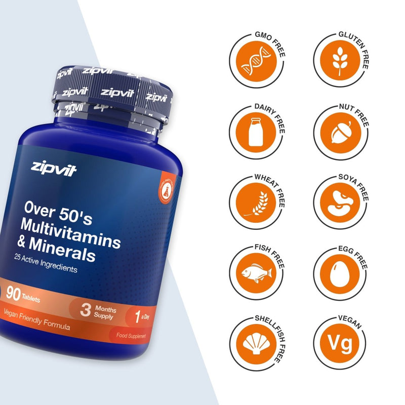 A blue bottle of zipvit Over 50's Multivitamins & Minerals shown on a white background with a diagonal light blue stripe, alongside a column of orange circular icons indicating dietary certifications such as GMO Free, Gluten Free, Dairy Free, Nut Free, Wheat Free, Soya Free, Fish Free, Egg Free, Shell & Fish Free, and Vegan.