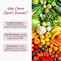 Why Choose Zipvit's Formula promotional panel with three pink rounded notes about Complete Coverage Essential Vitamins and Key Minerals beside a colorful vegetable collage.