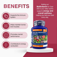 Infographic listing benefits energy immunity and bone health beside the Over 50s Multivitamin Complex bottle