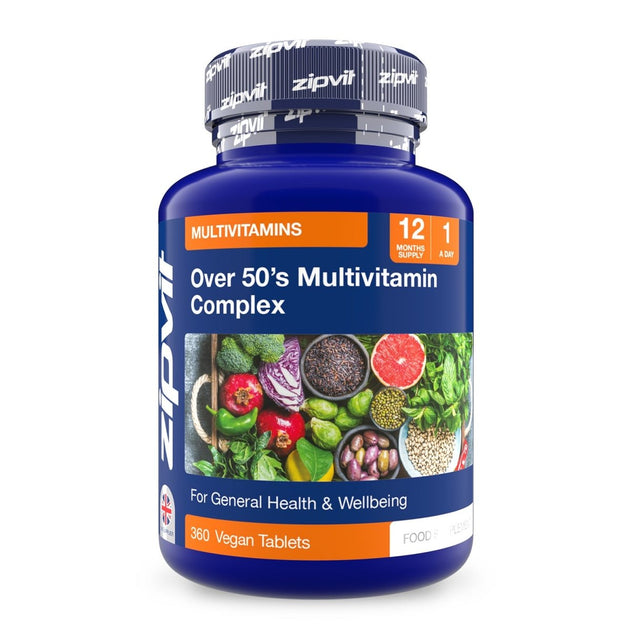 Over 50s Multivitamin Complex bottle with food imagery and 360 vegan tablets