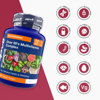 Over 50s Multivitamin bottle with a grid of free from icons including GMO free gluten free dairy free nut free and vegan.
