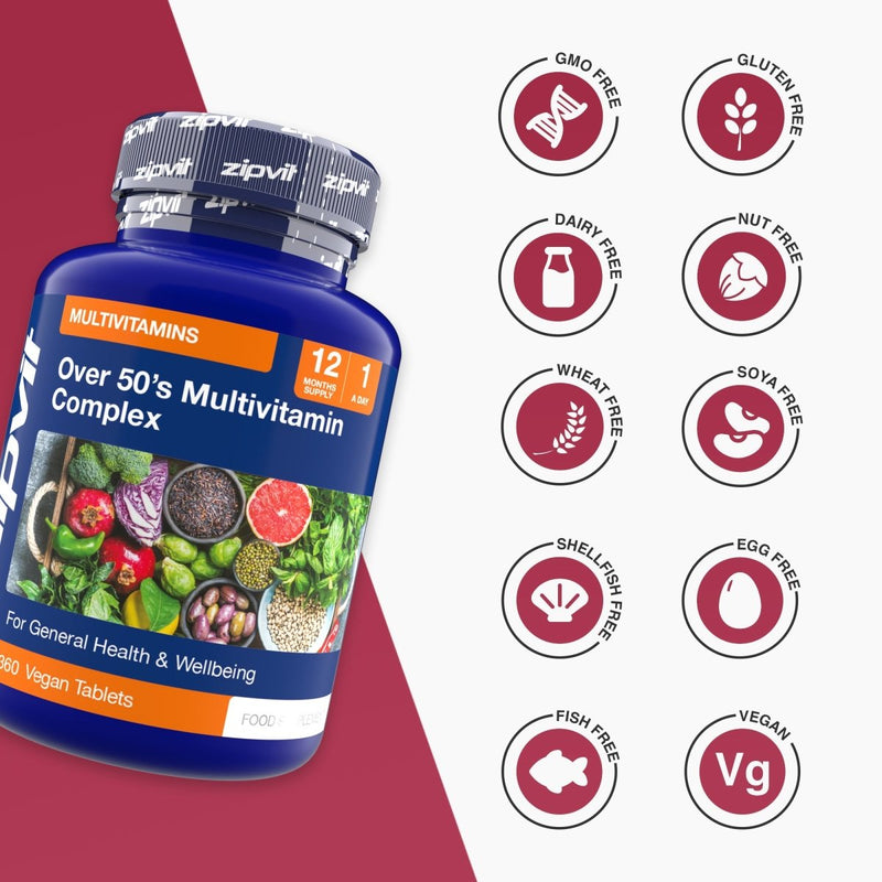 Over 50s Multivitamin bottle with a grid of free from icons including GMO free gluten free dairy free nut free and vegan.