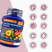 Over 60s Multivitamin Formula bottle with a grid of free from icons on the right including GMO Free Gluten Free Dairy Free Nut Free Wheat Free Soya Free Fish Free Egg Free Shellfish Free Vegetarian.