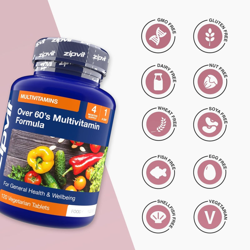 Over 60s Multivitamin Formula bottle with a grid of free from icons on the right including GMO Free Gluten Free Dairy Free Nut Free Wheat Free Soya Free Fish Free Egg Free Shellfish Free Vegetarian.