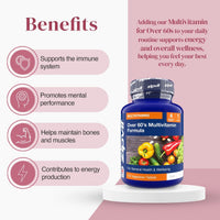 Over 60s Multivitamin bottle displayed beside four pink rounded benefit badges listing immune support mental performance bones and energy.