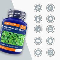 Peppermint Oil 150mg bottle with mint leaves label for dietary support.
