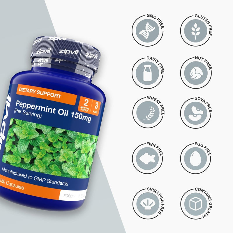 Peppermint Oil 150mg bottle with mint leaves label for dietary support.