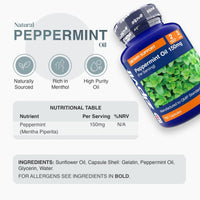 Blue Peppermint Oil 150mg bottle tilted against a mint leaf background with a dietary support label