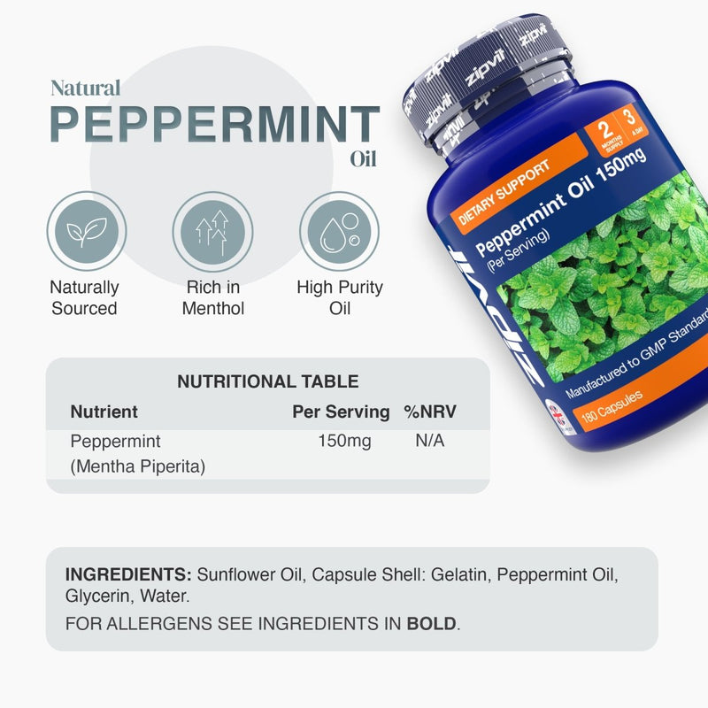 Blue Peppermint Oil 150mg bottle tilted against a mint leaf background with a dietary support label