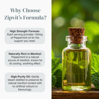 Why Choose Zipvit's Formula card with three feature icons on the left and a peppermint oil bottle on the right