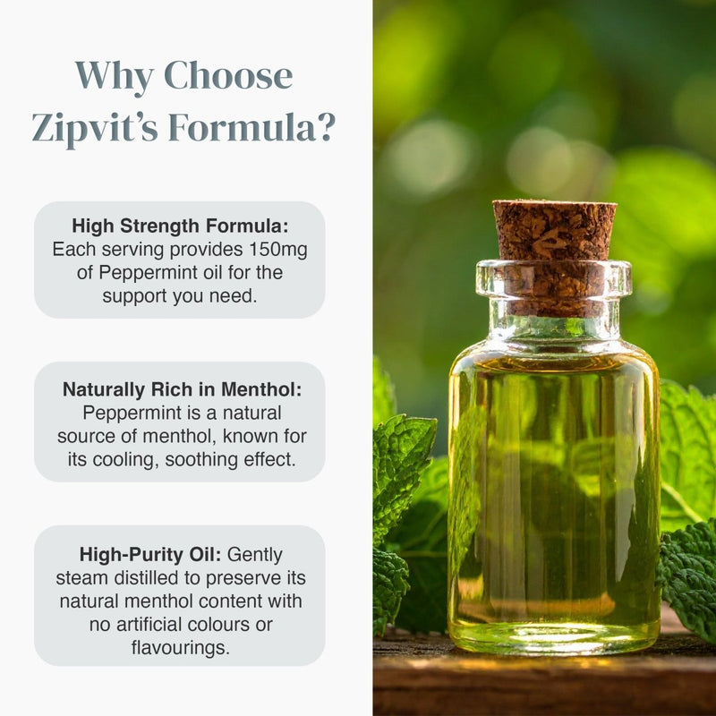 Why Choose Zipvit's Formula card with three feature icons on the left and a peppermint oil bottle on the right