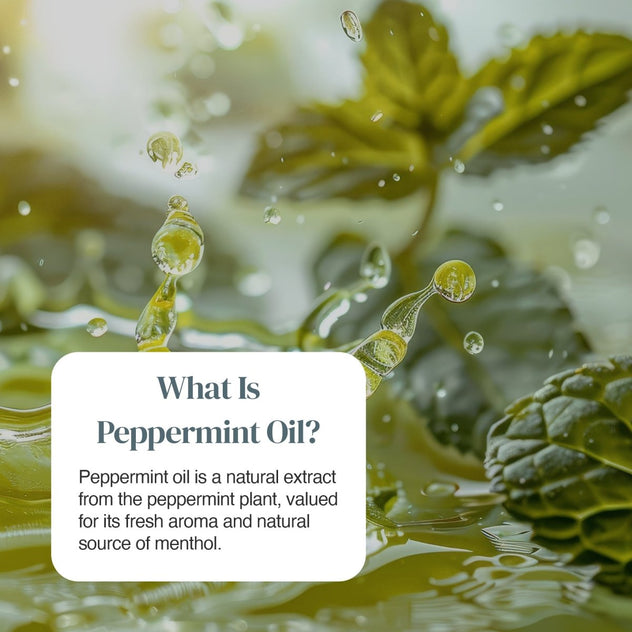 Close-up of fresh peppermint leaves and oil droplets with a white rounded label about peppermint oil