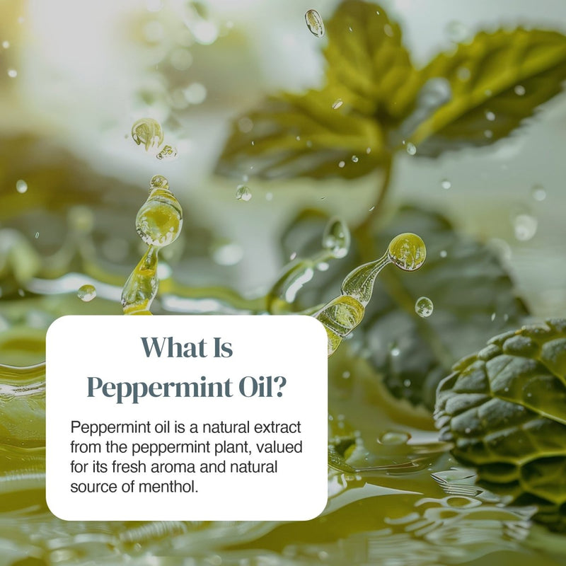 Close-up of fresh peppermint leaves and oil droplets with a white rounded label about peppermint oil
