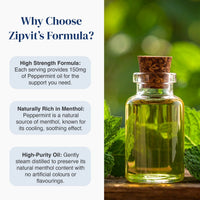 Promotional graphic for Zipvit's Peppermint Oil, featuring a glass bottle with a cork stopper filled with green oil on the right, set against a blurred green leaf background. The left side has a white background with blue text reading 'Why Choose Zipvit's Formula?' and three feature callouts about high strength formula, natural menthol, and high-purity oil.
