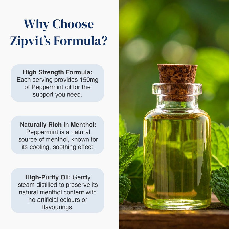 Promotional graphic for Zipvit's Peppermint Oil, featuring a glass bottle with a cork stopper filled with green oil on the right, set against a blurred green leaf background. The left side has a white background with blue text reading 'Why Choose Zipvit's Formula?' and three feature callouts about high strength formula, natural menthol, and high-purity oil.