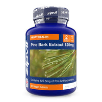 Blue Pine Bark Extract 125mg supplement bottle with an orange Heart Health banner on the label.