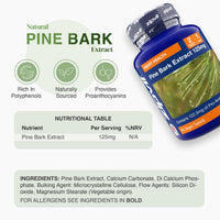 Blue Pine Bark Extract bottle tilted to the right beside a green infographic with three icons highlighting polyphenols natural sourcing and proanthocyanins and a nutrition table