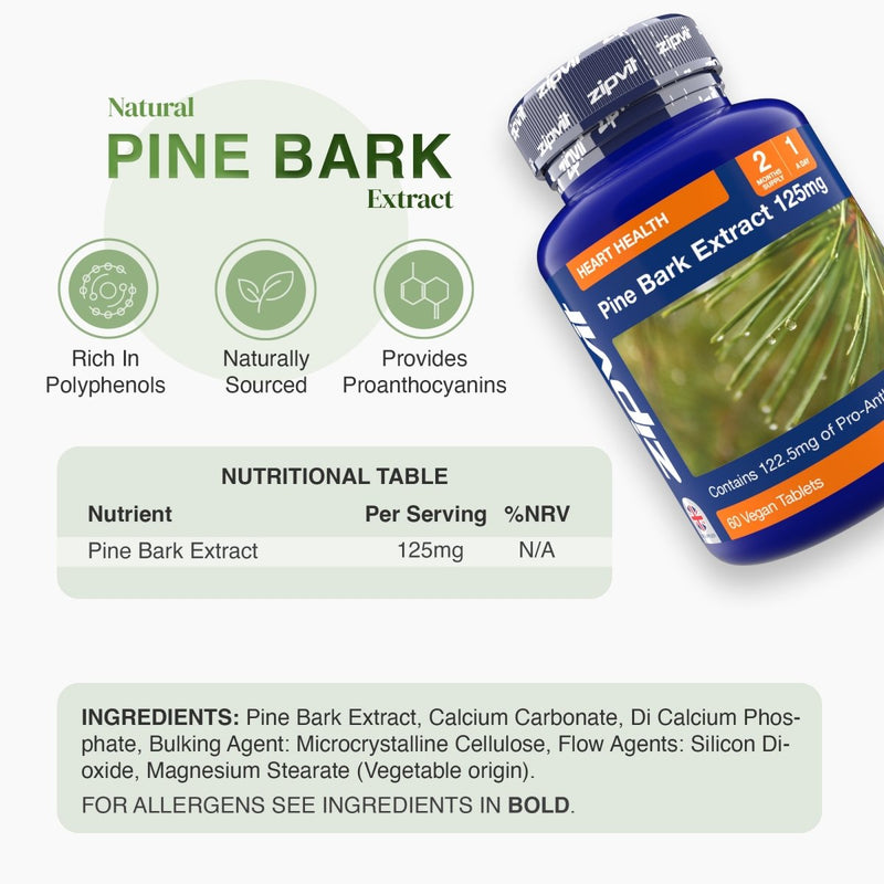 Blue Pine Bark Extract bottle tilted to the right beside a green infographic with three icons highlighting polyphenols natural sourcing and proanthocyanins and a nutrition table