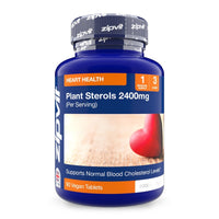 Blue bottle of Plant Sterols 2400mg heart health supplement with orange label and heart graphic
