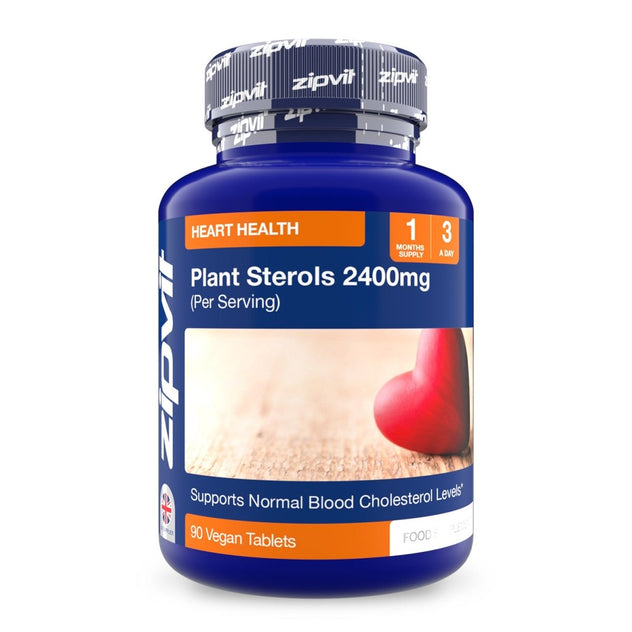 Blue bottle of Plant Sterols 2400mg heart health supplement with orange label and heart graphic