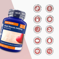 Plant Sterols 2400mg bottle with allergen free icons arranged to the right