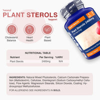 Blue Plant Sterols 2400mg bottle angled on the right with cholesterol balance heart health and plant based icons on a pale background