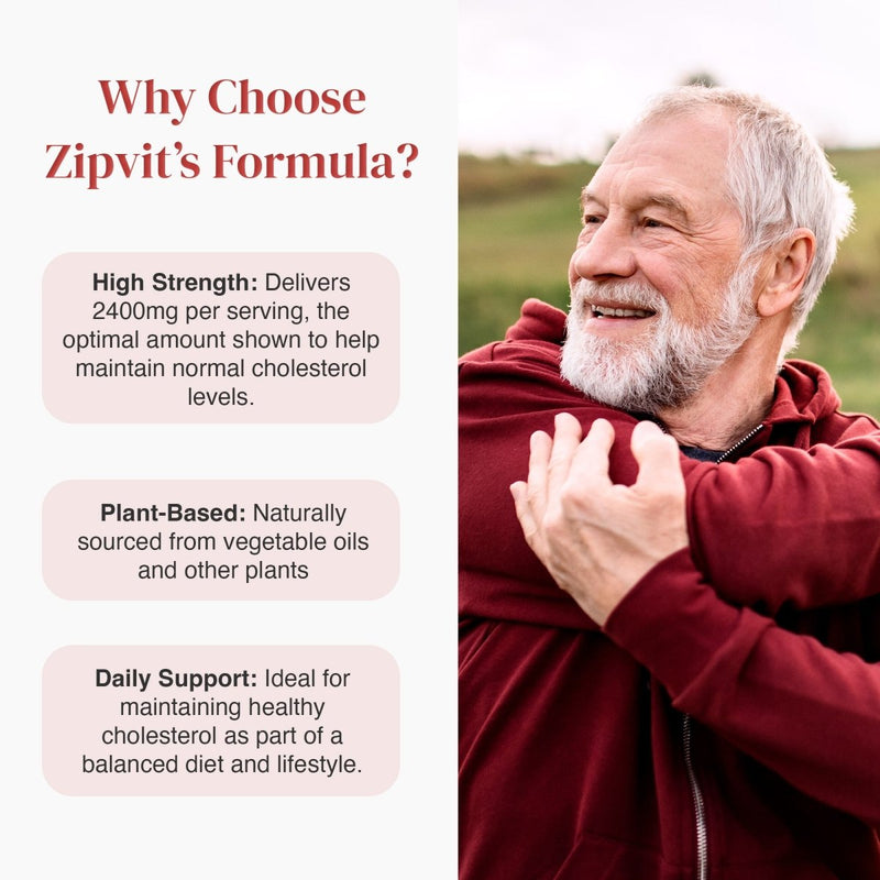 Why Choose Zipvit's Formula poster with benefits on the left and an older man beside the Plant Sterols bottle on the right