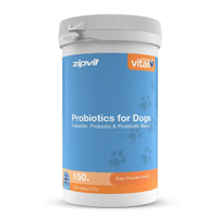 A white plastic tub of zipvit Vital Probiotics for Dogs, featuring a blue label with paw prints and orange accents.