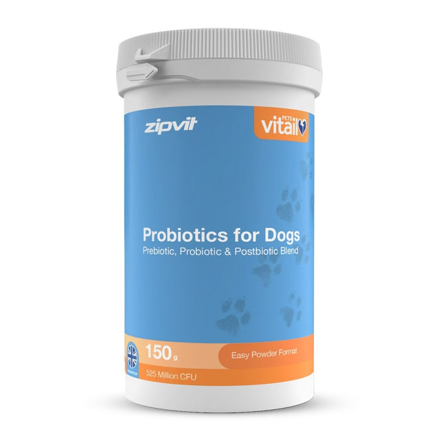 A white plastic tub of zipvit Vital Probiotics for Dogs, featuring a blue label with paw prints and orange accents.