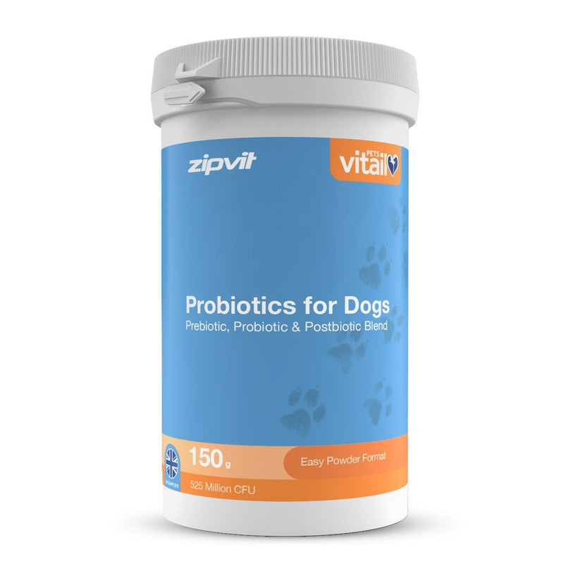 A white plastic tub of zipvit Vital Probiotics for Dogs, featuring a blue label with paw prints and orange accents.
