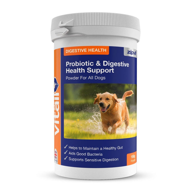 Bottle of Probiotic and Digestion Health Support Powder for All Dogs with a blue label and a running golden retriever on grass