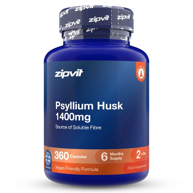 A blue bottle of zipvit Psyllium Husk 1400mg dietary supplement, containing 120 capsules, on a clean white background.