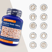Psyllium Husk 1400mg bottle with icons showing allergen free labels including GMO free gluten free dairy free and vegan.