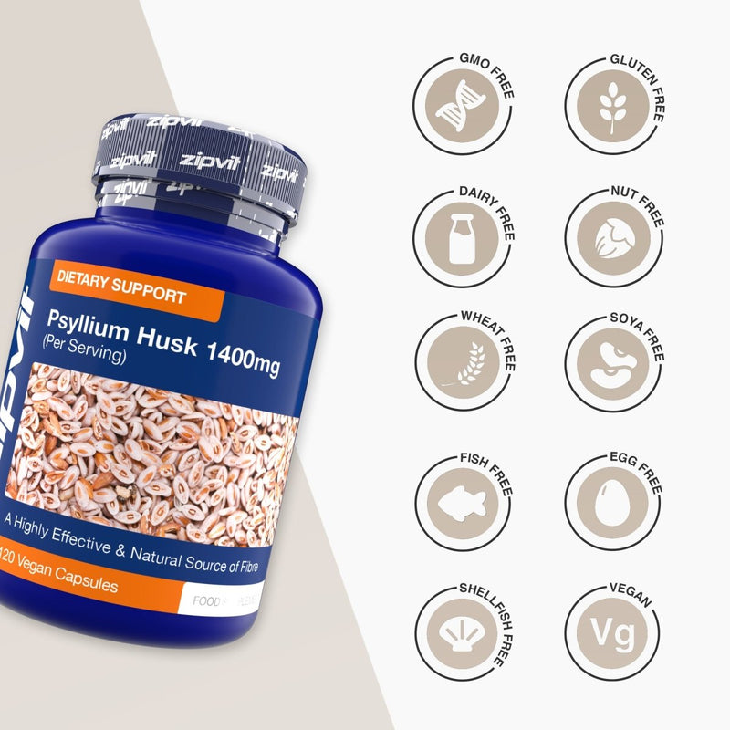 Psyllium Husk 1400mg bottle with icons showing allergen free labels including GMO free gluten free dairy free and vegan.