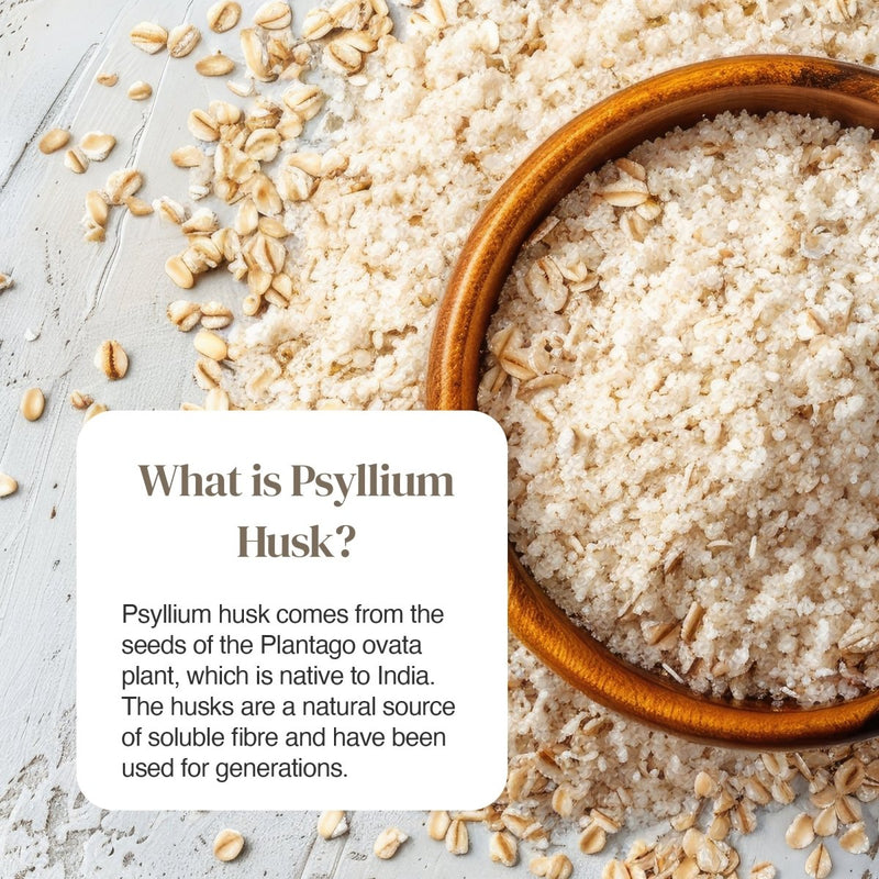 Blue bottle of Psyllium Husk 1400mg dietary support capsules with 120 vegan capsules