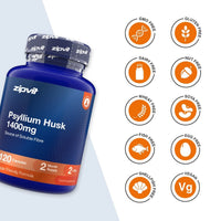 A blue bottle of zipvit Psyllium Husk 1400mg food supplement capsules shown next to a column of orange circular icons indicating dietary features like GMO Free, Gluten Free, Dairy Free, Nut Free, Wheat Free, Soya Free, Fish Free, Egg Free, Shell/Fish Free, and Vegan.