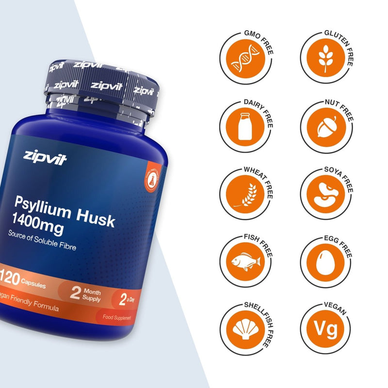 A blue bottle of zipvit Psyllium Husk 1400mg food supplement capsules shown next to a column of orange circular icons indicating dietary features like GMO Free, Gluten Free, Dairy Free, Nut Free, Wheat Free, Soya Free, Fish Free, Egg Free, Shell/Fish Free, and Vegan.