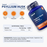 A bottle of zipvit Psyllium Husk 1400mg powder supplement shown on a clean white background with marketing text, icons, and a nutrition table. The bottle is dark blue with a black cap and orange label accents.
