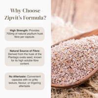 Close-up of psyllium husk seeds and powder with a white card reading What is Psyllium Husk?