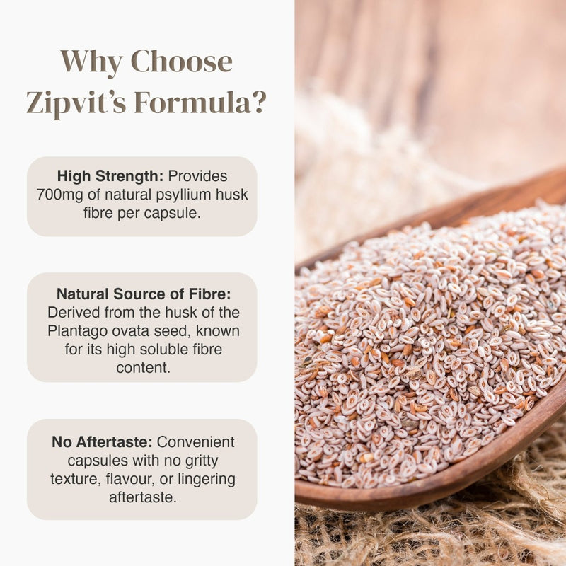 Close-up of psyllium husk seeds and powder with a white card reading What is Psyllium Husk?