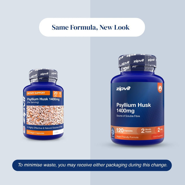 Two blue supplement bottles of zipvit Psyllium Husk 1400mg shown on a split light gray background with the headline 'Same Formula, New Look' and a note about minimizing waste.